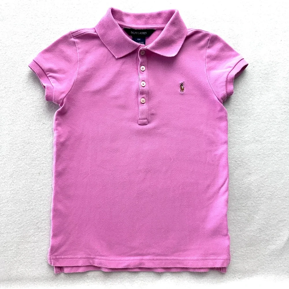 Ralph Lauren Girls 6X Vintage 90s Polo Shirt Fleah Pony Pink Cap Sleeve Cotton